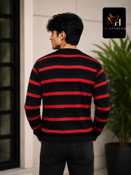 MH Sparrow Men's Black & Red Striped Knitted Sweater | Premium Soft Crew Neck Full Sleeve Winter Pullover | Regular Fit Casual Wear