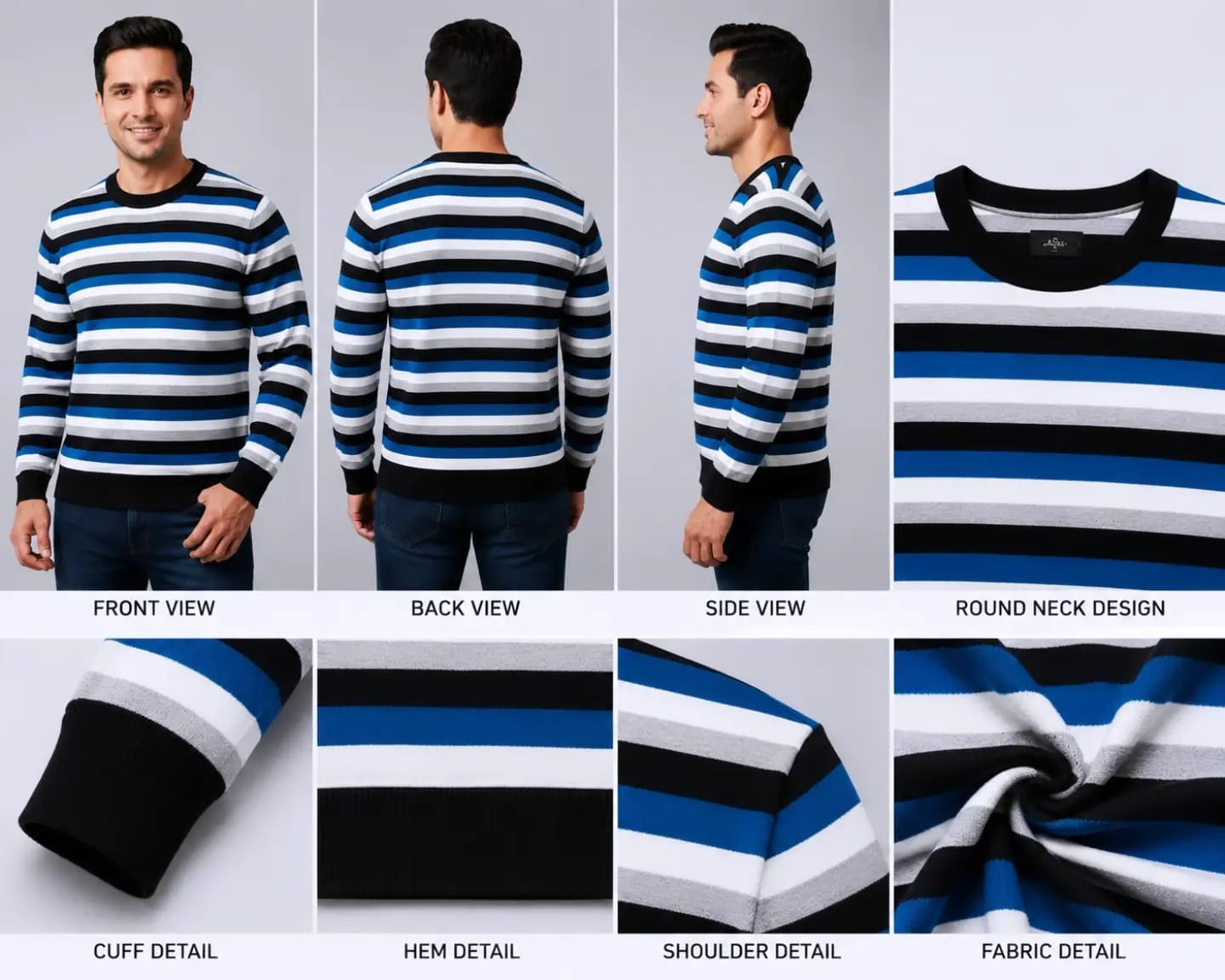 MH Sparrow Men's Blue, Black & White Striped Knitted Polo Sweater | Premium Soft Half Zip Full Sleeve Winter Pullover | Regular Fit