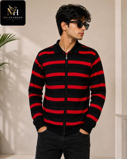 Men's Premium Black & Red Striped Knitted Zip-Up Sweater | Soft Warm Winter Casual Cardigan