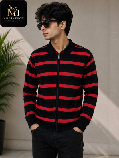 Men's Premium Black & Red Striped Knitted Zip-Up Sweater | Soft Warm Winter Casual Cardigan