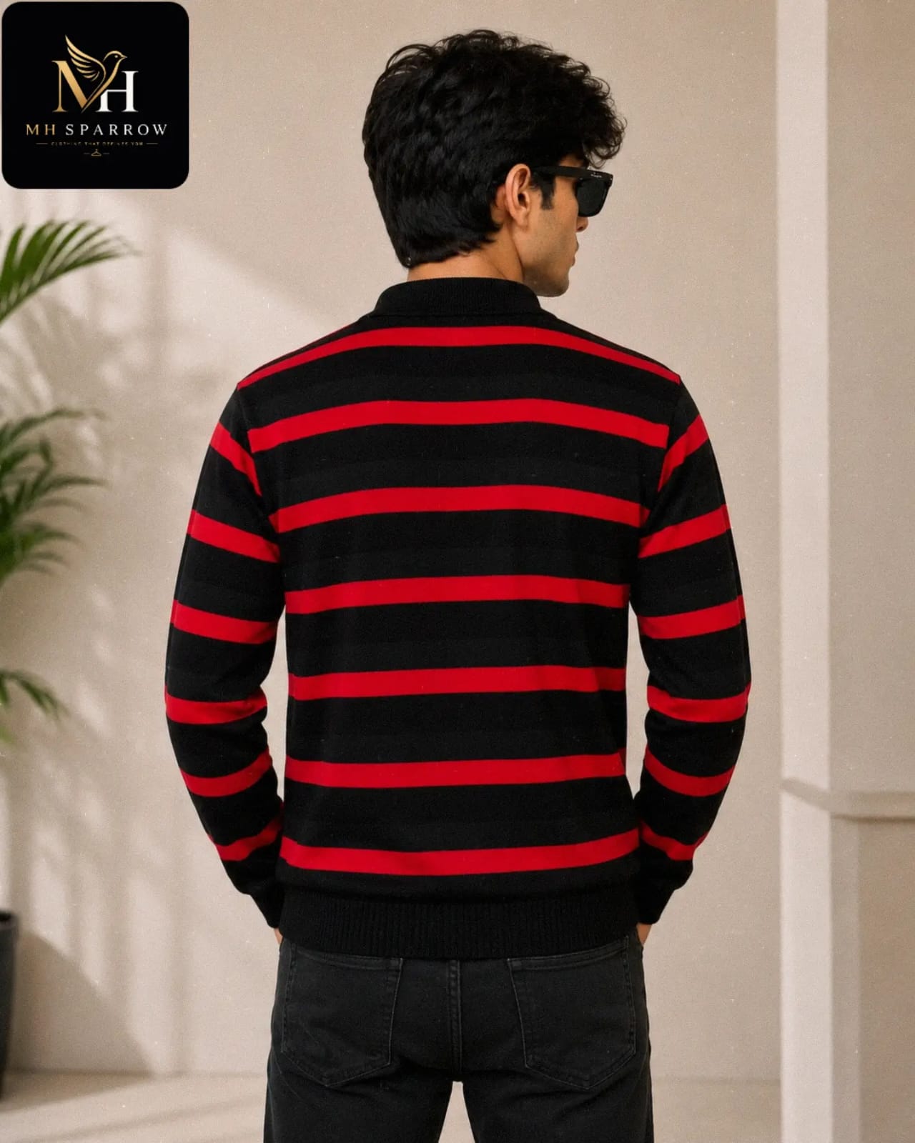 Men's Premium Black & Red Striped Knitted Zip-Up Sweater | Soft Warm Winter Casual Cardigan