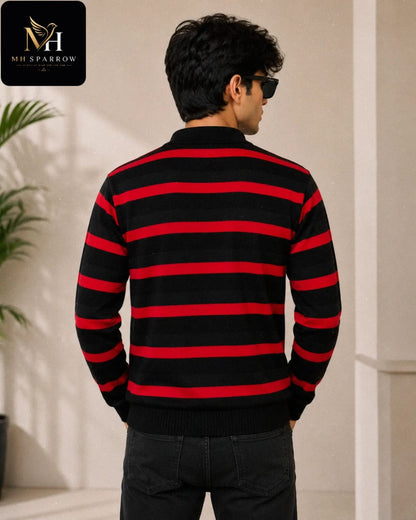 Men's Premium Black & Red Striped Knitted Zip-Up Sweater | Soft Warm Winter Casual Cardigan