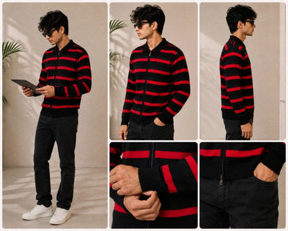 Men's Premium Black & Red Striped Knitted Zip-Up Sweater | Soft Warm Winter Casual Cardigan