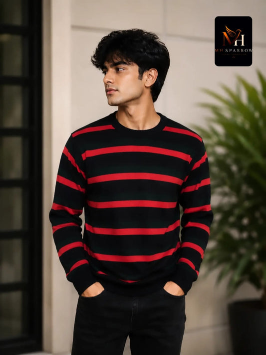 MH Sparrow Men's Black & Red Striped Knitted Sweater | Premium Soft Crew Neck Full Sleeve Winter Pullover | Regular Fit Casual Wear