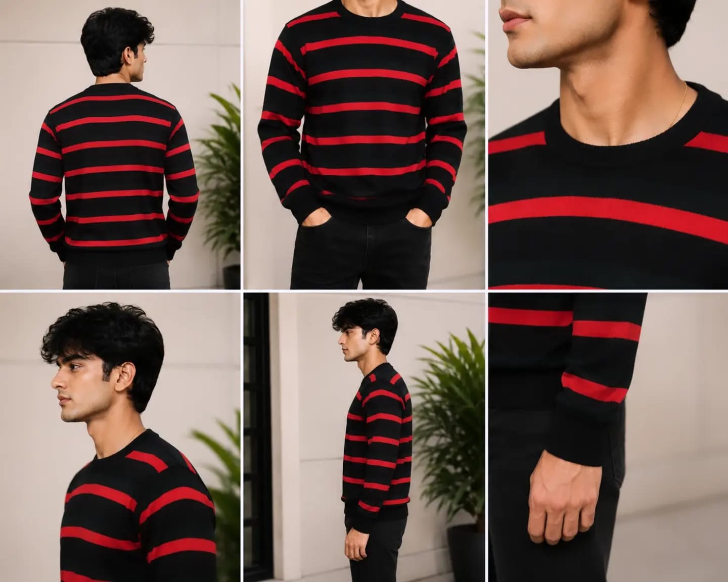 MH Sparrow Men's Black & Red Striped Knitted Sweater | Premium Soft Crew Neck Full Sleeve Winter Pullover | Regular Fit Casual Wear