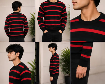 MH Sparrow Men's Black & Red Striped Knitted Sweater | Premium Soft Crew Neck Full Sleeve Winter Pullover | Regular Fit Casual Wear