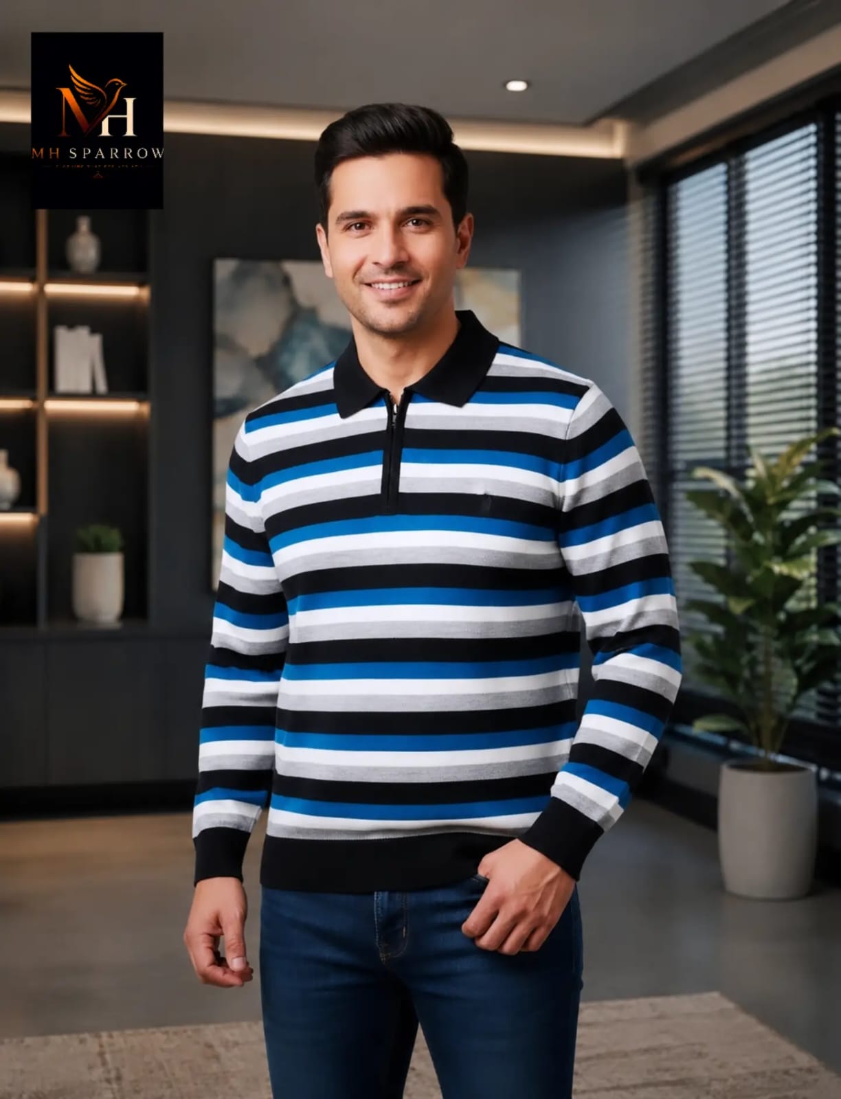 MH Sparrow Men's Blue, Black & White Striped Knitted Polo Sweater | Premium Soft Half Zip Full Sleeve Winter Pullover | Regular Fit