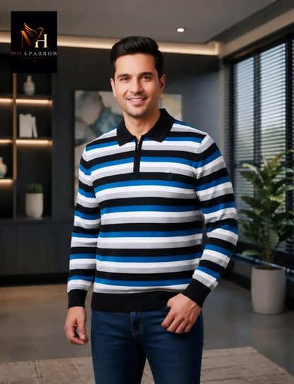 MH Sparrow Men's Blue, Black & White Striped Knitted Polo Sweater | Premium Soft Half Zip Full Sleeve Winter Pullover | Regular Fit