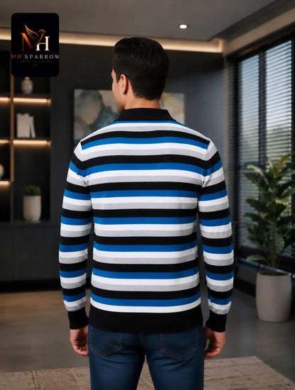 MH Sparrow Men's Blue, Black & White Striped Knitted Polo Sweater | Premium Soft Half Zip Full Sleeve Winter Pullover | Regular Fit