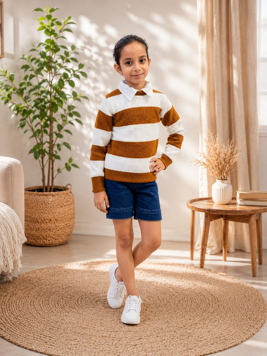 MH Sparrow Girls Brown & White Striped Knitted Sweater | Premium Soft Full Sleeve Winter Pullover | Regular Fit