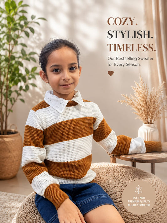 MH Sparrow Girls Brown & White Striped Knitted Sweater | Premium Soft Full Sleeve Winter Pullover | Regular Fit