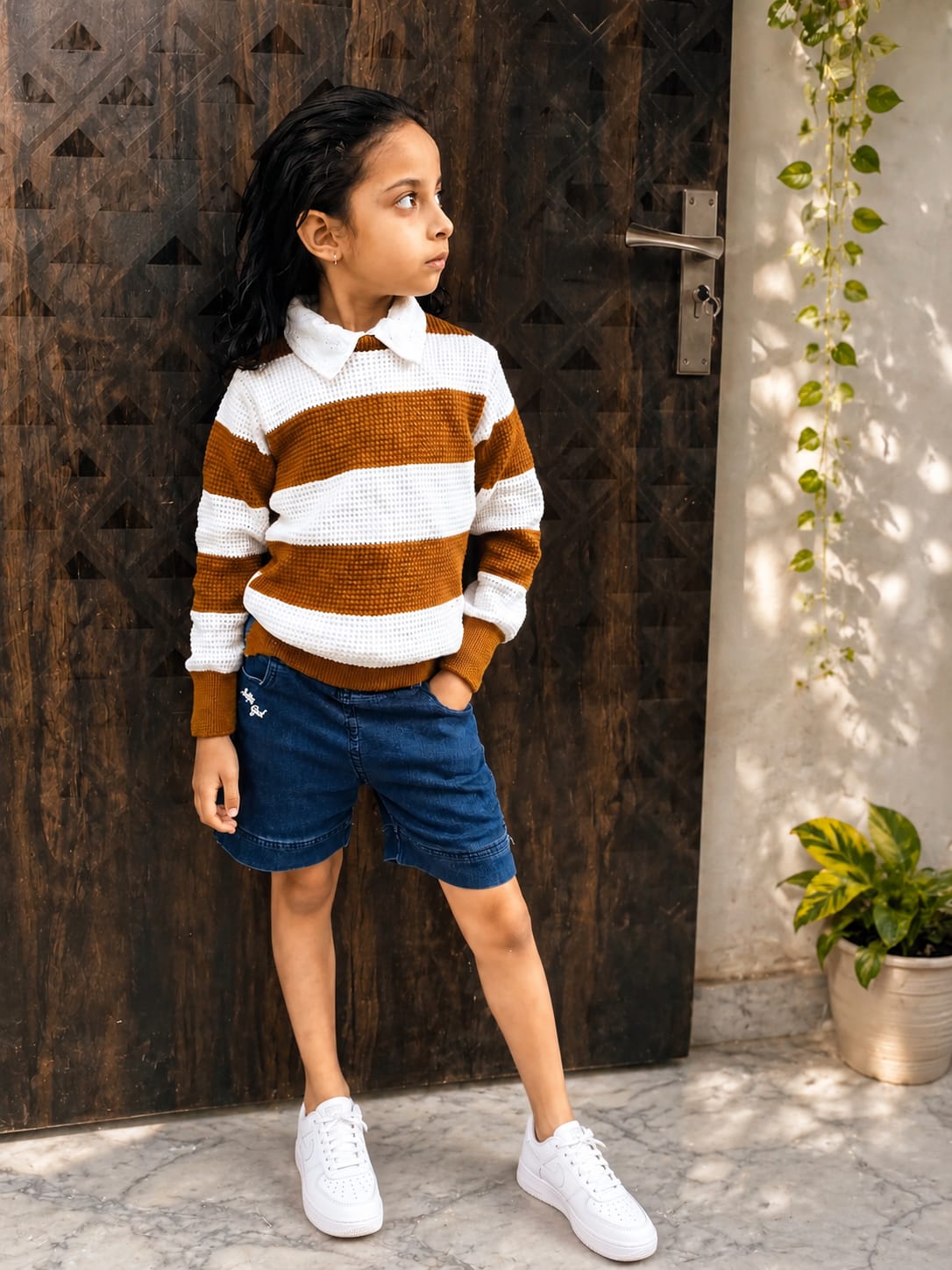 MH Sparrow Girls Brown & White Striped Knitted Sweater | Premium Soft Full Sleeve Winter Pullover | Regular Fit