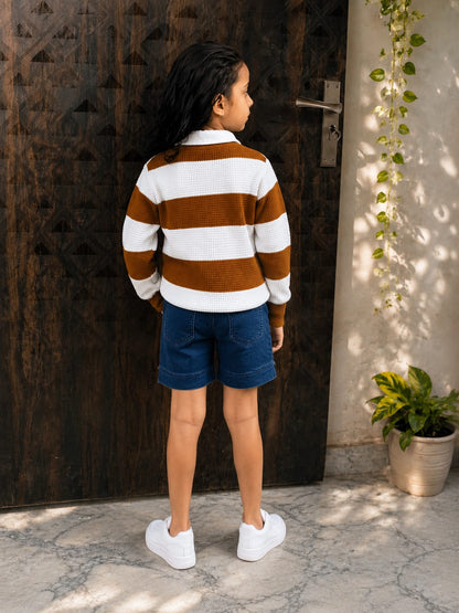 MH Sparrow Girls Brown & White Striped Knitted Sweater | Premium Soft Full Sleeve Winter Pullover | Regular Fit