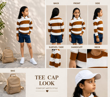 MH Sparrow Girls Brown & White Striped Knitted Sweater | Premium Soft Full Sleeve Winter Pullover | Regular Fit